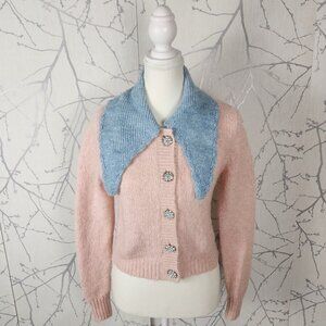 Zara Pastel Pink Contrast Collar Cropped Cardigan w/ Jewel Buttons